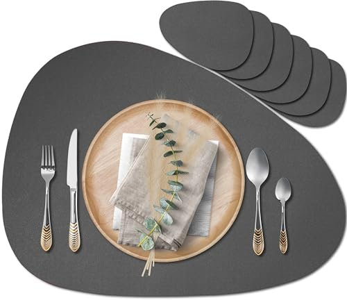 Mahewa® 6er Set Premium Tischset aus Kunstleder - Platzset abwaschbar und wasserdicht - Platzdeckchen Telleruntersetzer in Lederoptik (Dunkelgrau, Oval)