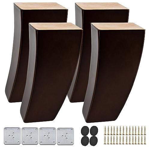 TCHOSUZ 5 inch / 12cm Wooden Furniture Legs, Set of 4 Mid Century Modern Solid Wood Walnut Curved Pyramid Square DIY Replacement Feet for Sofa Couch Armchair Bed Recliner Riser