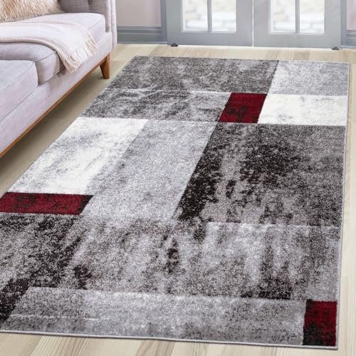 oKu-Tex Kurzflorteppich | Designteppich | Teppich Wohnzimmer | Florhöhe: 9 mm | besonders weicher Flor | geometrisches Muster | modern | meliert grau rot | dichte Qualität | 60 x 110 cm