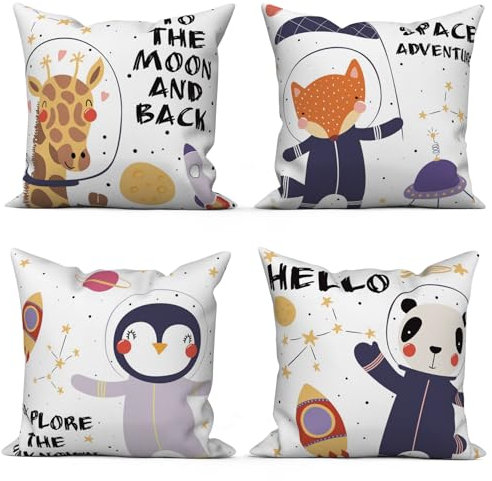 ASDCXZ Kinder Kissenbezug 40x40 cm 4er Set, Niedlich Tier Giraffe Fuchs Panda Pinguin Sofa Dekokissen Kissenbezüge Kissenhülle Waschbar Polyester Flachs Textil Outdoor Kopfkissenbezug Kissen Bezug