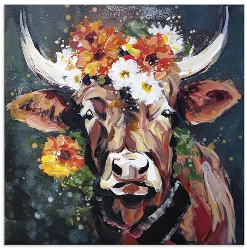 ARTland Wanddeko Wandbild Alu Verbundplatte für Innen & Outdoor Bild 70x70 cm Deko Modern Tiere Stier Kuh Blumen Kranz Farbe Porträt U5BI