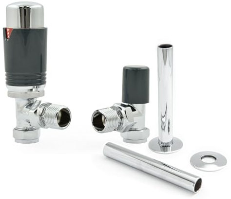 Hot Flow Chrome & Anthracite Estuary Angled TRV Thermostatic Radiator Valve (Pair) Includes Angled TRV Body, Wheel Head, Lock Shield & Pipe Sleeve for Quick & Easy Temperature Control.