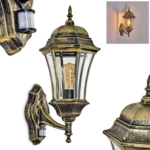 Außenwandleuchte Etoe, Wandlampe mit Bewegungsmelder in antikem Look aus Metall/Glas in Gold-Braun/Klar, Wandleuchte 1x E27, Landhaus Außenleuchte für Terrasse, Veranda u. Hof, IP44, ohne Leuchtmittel