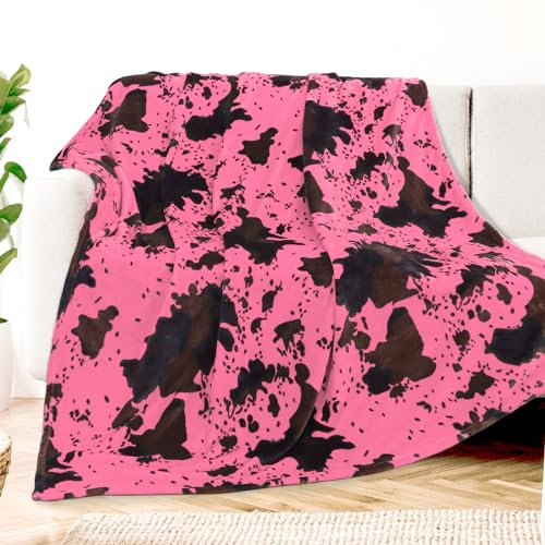 KIVEE Kuhdecke, Flanell-Fleece, Überwurf, Decke, weich, gemütlich, schwarz, Kuhdruck, Decken für Bett, Couch, Sofa, 127 x 152,4 cm, Hot Pink