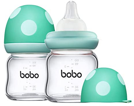 YOHKOH Weithals-Babyflasche aus Glas, Anti-Colic Glas-Babyflaschensets mit Ultra Soft Silikon-Sauger, für Neugeborene Babys ab 1 Monat (Blau, 100ml (2er Pack))