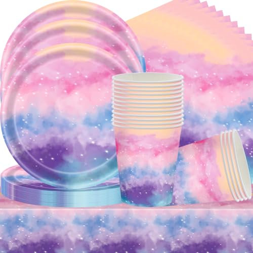 Arco Iris Party Vajilla,Platos de Cumpleaños Arcoiris Decoración,Vajilla de Fiesta,Vajilla para Fiestas Arco Iris,Platos de papel,Servilletas, manteles, vasos de papel,niñas Vajilla de Fiesta,(53PCS
