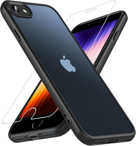 Cum2giff Matt Hülle für iPhone SE 3/2 (2022/2020), iPhone 8/7 mit HD Schutzfolie Glas, [Militärschutz] Schutzhülle Anti-Kratzen Anti-Fingerabdruck Durchscheinende Rückseite Schutzhülle (Schwarz)