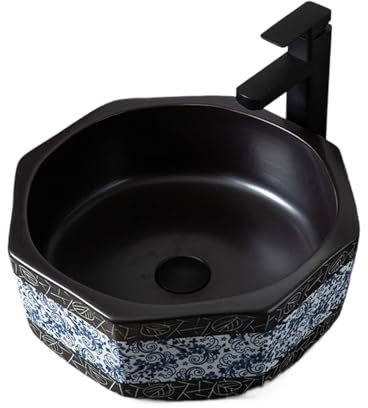 ABNNHK Évier en céramique Noire, Bol d'évier Artistique de Style Chinois au-Dessus du comptoir avec Robinet de vidange escamotable