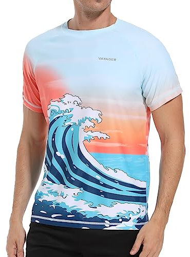 VAYAGER Herren UV Shirt Rash Guard Schwimm Shirt UPF 50+ Badeshirts,Schnell Trocknend, lockere Passform, Wassersurf(Blau Orange XXL)