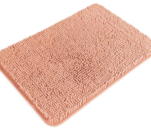 PureSwan Tapis de salle de bain rose poudré, absorbant et lavable, antidérapant, épais et doux, en chenille pour sol de salle de bain, douche, lavabo, 61 x 91,4 cm