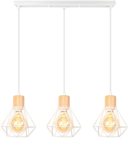 iDEGU 3 Lampes Suspension Luminaire Industrielle Métal Bois Lustre Plafonnier Style Cage Abat-jour Éclairage E27 Lampe de Plafond Vintage pour Salon Cuisine Salle à Manger Café, Blanc, Ø 16cm (Barre)