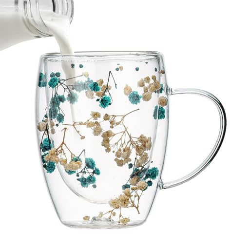 Glasbecher Mit Trockenblume,Doppelwandige Glas Kaffeetassen Mit Getrockneten Blumen,Trockenblumenbecher,Isolierte Doppelwandige Glas Tee Espressotasse,Blumen Doppelt Isolierter Becher, Dekorativ