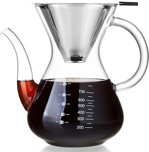 MESNEY Cafetera de vidrio de borosilicato resistente al calor, 800 ml, con filtro de acero inoxidable, olla de vidrio reutilizable ecológica para el hogar y la oficina, transparente