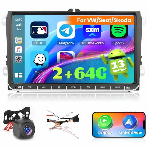 Ohradio 2G + 64G 9 Android 15 Radio Coche para VW Golf Polo Tiguan Touran Caddy Passat Seat Stereo con CarPlay inalámbrico Android Auto GPS FM/RDS Radio WiFi 2USB + Cámara Trasera + Mic - 2DIN
