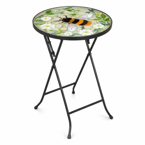 Bee Table | Hand painted glass side table with foldable iron base. Suitable for indoor and outdoor home or garden use.