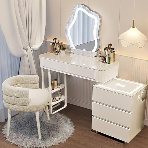 Makeup Vanity Desk-Vanity Dressing Table,Vanity Makeup Table Set with 5 Solid Wood Drawers,Wireless Charging Station/Bluetooth Speaker/Glass Table Top for Women Gift (Dressing Table Set)