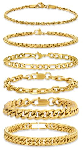 GUJOXILA 6 Stück Herren Armband Edelstahl Armbänder Gold Herrenarmbänder für Männer Jungs Kubanische Armband 19cm/21cm/23cm Kette Länge für Hip Hop Rapper Geschenke für Ehemann Papa Sohn