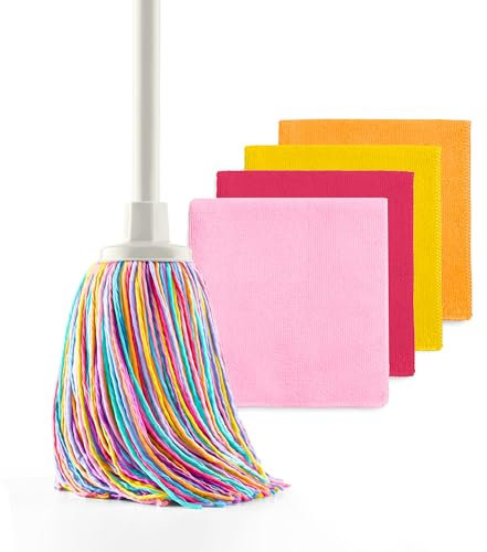 Happy Rainbow - Fregona con 4 bayetas de Microfibra reciclada Set de Limpieza sostenible para hogar y Todo Tipo de Superficies Super Absorbente y Resistente Edición: Sunrise
