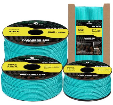 Kamu Synber Paracord 2mm 15M Seil 100% Nylon Schnur mit 3 Kern Reißfeste Typ I für Basteln, Outdoor, DIY, Camping | Tragkraft 90kg | Türkis