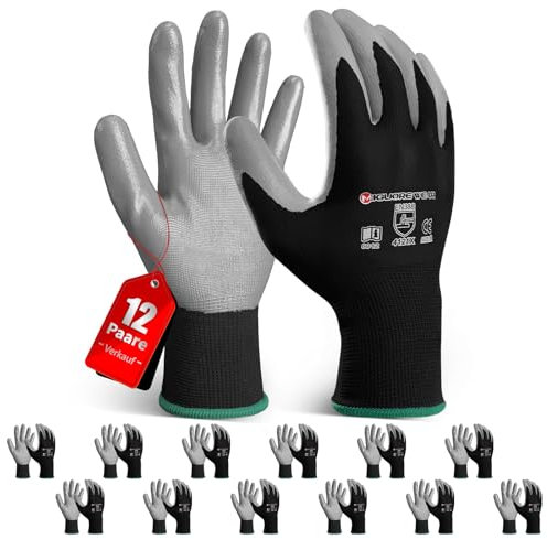 Migliore Wear Arbeitshandschuhe mit Nitril Beschichtung, 12 Paar Arbeithandschuhe für Herren & Damen, Rutschfeste Ölbeständig Gartenhandschuhe für Bauarbeiten, Mechaniker, Montage, Gartenarbeit