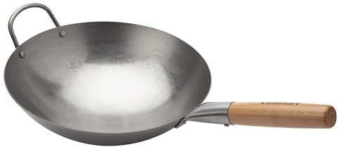 Cuisinart Wok martillado de acero al carbono de 12 pulgadas, wok tradicional de fondo redondo, sartén con mango de madera y auxiliar para auténtica cocina asiática, cocina Wok HEI perfecta para freír