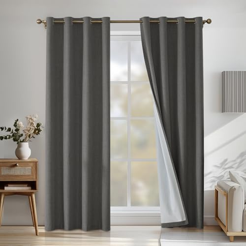 CYCMACO Rideau 100% Occultant, 140x175cm, Effet Lin Lot De 2, Rideau Thermique Isolant Anti Froid Et Chaleur, Rideaux Occultant À Oeillets, Rideaux Acoustiques, pour Salon, Chambre, Gris