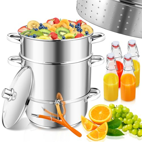 Ollewiellan Spremiagrumi a vapore Ø26, 16 l, in acciaio inox, con 4 bottiglie, adatto per tutti i piani cottura, spremitura delicata di frutta e verdura, lavabile in lavastoviglie, argento