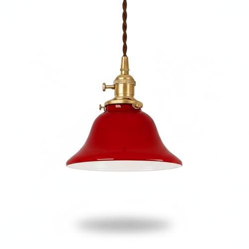 NICRX Vintage Pendelleuchte aus Glas mit Höhenverstellung E27 – Retro Hängelampe mit Messingfassung für Küche Esstisch Schlafzimmer Café Bar – Kegelform & Glockenform (Glocke - Rot)