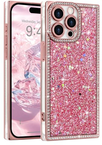 LAPOPNUT Glitter Phone Case for iphone 13 Pro,TPU Bling Rhinestones,Pink | Sparkly Bling Sequin, Crystal Diamonds Camera Protection, Rasied Rectangle Protective Shockproof Cover,Cute for Women Girls