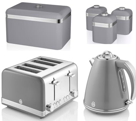 Swan Retro Grey 1.5L 3KW Jug Kettle, 4 Slice Toaster, Bread Bin and Set of 3 Tea, Coffee, Sugar Canisters. Retro Design Matching Kitchen Set of 6 in Grey