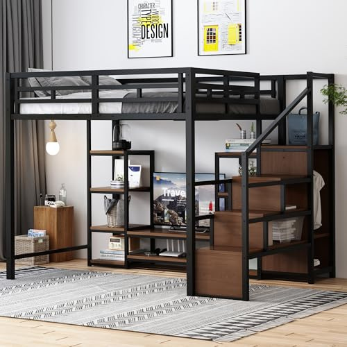 YuQozii Hochbett 140x200 mit TV-Ständer, Steckdose und Sicherheitsleiter, Stabile Metall-Holz-Kombination, modernes, platzsparendes Hochbett, Kinder-Etagenbettmit praktischem Stauraum, schwarz