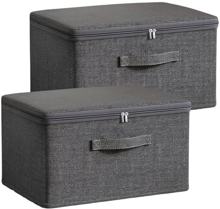 Xtrillogen 2 Pack Storage Boxes with Zip,Premium Grey Fabric Storage Boxes with Lids,Foldable Clothes Organiser Set,Solution for Blanket,Comforter,Bed Sheet and Toy(M)