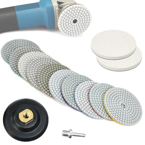 Vurixfo 14 Pcs Diamond Polishing Pads Kit, 50-10000# Grit Sanding Pads 4 inch Polisher Wheel Disc With Felt Polishing Pad, M14 Backer Pad and Drill Adapter for Granite Marble Concrete Stone Buffing