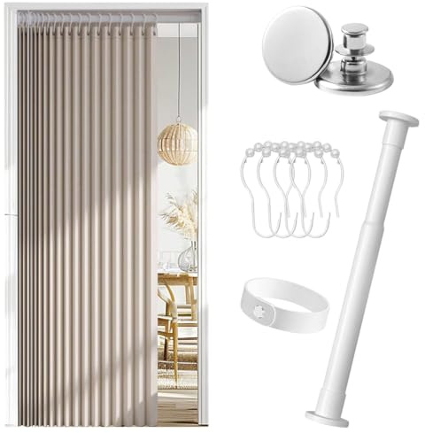 Magnetic Door Curtain with Blackout, Easy Assembly, with Telescopic Rod & Magnetic Closure, Suitable for Thermal Curtain, Folding Door, Cupboard Curtain, Room Divider and Kitchen Door (Cream White)