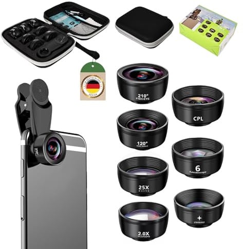 TENWANEY 7 in 1 Handy Kamera objektiv,Fischaugenobjektiv 210° Weitwinkel 120° Makroobjektiv (25x) Sternfilter Telephoto, Kaleidoscope,CPL/Star Filter für iPhone und die meisten Smartphones(Grau)