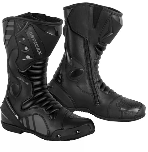 Aspidex Bottes de Course pour Moto pour Homme, Chaussures Imperméables en Cuir Longues pour Moto Touring, gris, 42 EU