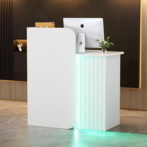 MSFE Mostrador de Recepción con iluminación LED Compacto Escritorio de Recepción Pequeño Mueble de recepción con Cajón con Cerradura Mostrador de Venta Moderno Mostrador de Tienda Blanco 44x80x100CM