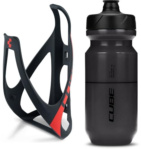 Cube HPP Cage - Matt Black/Red & Flow Bottle - Black, 500ml / Water Drink Flask Vessel Bidon Holder Mount Bracket Kit Lightweight Plastic Drinking Hydration Biking Bike Riding Frame Accessories