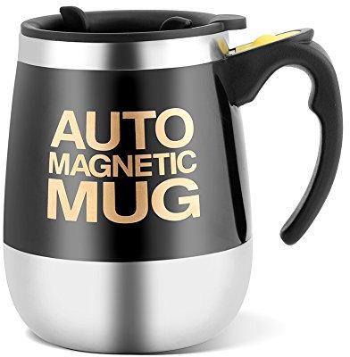 Fdit Self Mixing Cup, Auto Magnetic Mug Stainless Steel Food Grade PP Double Walled Magnetic Stirring Coffee Mug Hot & Cold Drinks (Black)