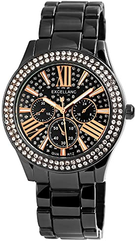 Excellanc Damen-Uhr Metall Gliederarmband Leuchtzeiger Strass Analog 1800151 (schwarz)