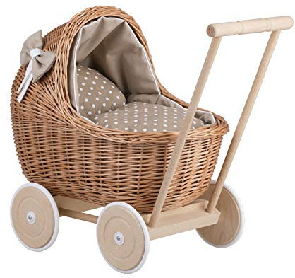 e-wicker24 Alles aus Weide Puppenwagen aus Weide mit Bettwäsche perfekte Geschenkidee Korbpuppenwagen schöner Spielzeug aus Korbgeflecht Korbwagen für Puppen Spielzeug für Mädchen (Beige)