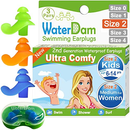 WaterDam Ohrstöpsel für Kinder zum Schwimmen – 3 Paar weiche Silikon-Ohrstöpsel Wiederverwendbar, tolle Wasserdichtigkeit - Verhindern Sie Schwimmerohren (grün, blau, orange)