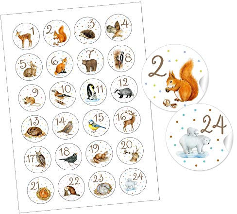 24 STICKER Adventskalenderzahlen TIERE 24 Aufkleber Waldtiere Wintertiere für Adventskalender basteln Weihnachten Adventszeit Geschenke Kindergeburtstag Waldkindergarten Schulanfang Format 4 cm, rund
