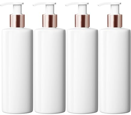 Mrs Hinch Customisable DIY Refillable 500ml PET Plastic Lotion Pump Bottle - White, Rose Gold Lids (4)