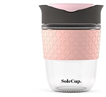 SoleCup. - Reusable Strengthened Glass Travel Cup - Spill Proof Insulated Coffee Mug - 12oz/340ml BPA-Free Hot Drink Travel Mug with Lid & Silicone Band (Grey and Pink)