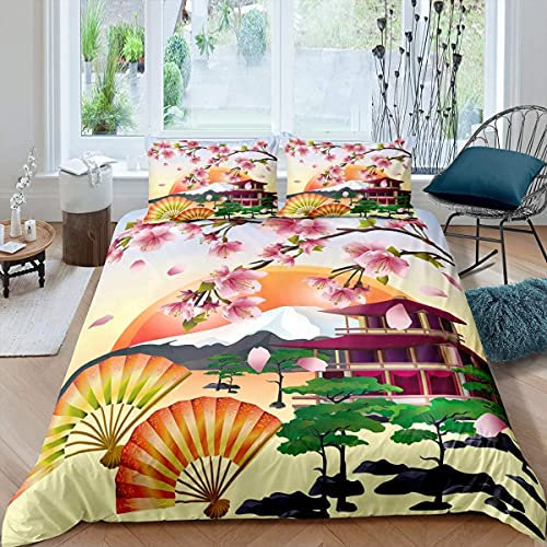 Loussiesd Japanischer Stil Bettwäsche Set Kinder Jungen Mädchen Japanisches Ukiyo-e Bettwäsche 135x200 cm Kirschblüten Bettbezug Set Microfaser Betten Set mit 1 Kissenbezug 80x80 cm