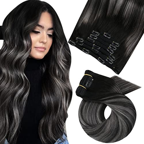 Moresoo Clip in Extensions Echthaar, Salon Qualität Weiches Glattes Haar 40 cm 7 Stück 120g Extensions Clip in #1B/S/1B Schwarz bis Silber mit Naturschwarz, Leicht zu Tragen Solide und Langlebig