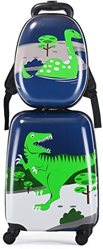 ADSFG Handgepäck-Set für Kinder 2 Stück 18-Zoll-Koffer und 12-Zoll-Rucksack Jungen und Mädchen Schulausflug Cartoon Trolley,Dinosaur