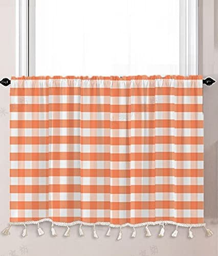 A.Monamour Gardine Scheibengardinen Kurzstores Orange Kariert Gingham Muster Bauernhaus Kurzvorhang Kurzgardinen Küchengardine Küchenvorhang Volants Küche Fenster Kurz Vorhang Bistrogardine