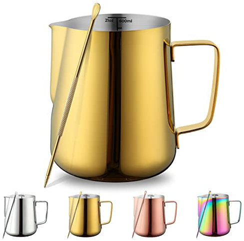Milk Jug 21oz 620ml, Kyraton Stainless Steel Espresso Steaming Pitchers with Decorating Pen, Milk Frother Jug Cappuccino Latte Art Barista Steam Pitchers Milk Jug Cup (Gold)